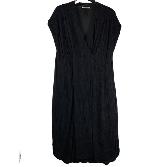 MM. LaFleur A-Line Dress Women's 14 Black Stretch Pleated Asymmetric Button 8173 - Picture 1 of 10